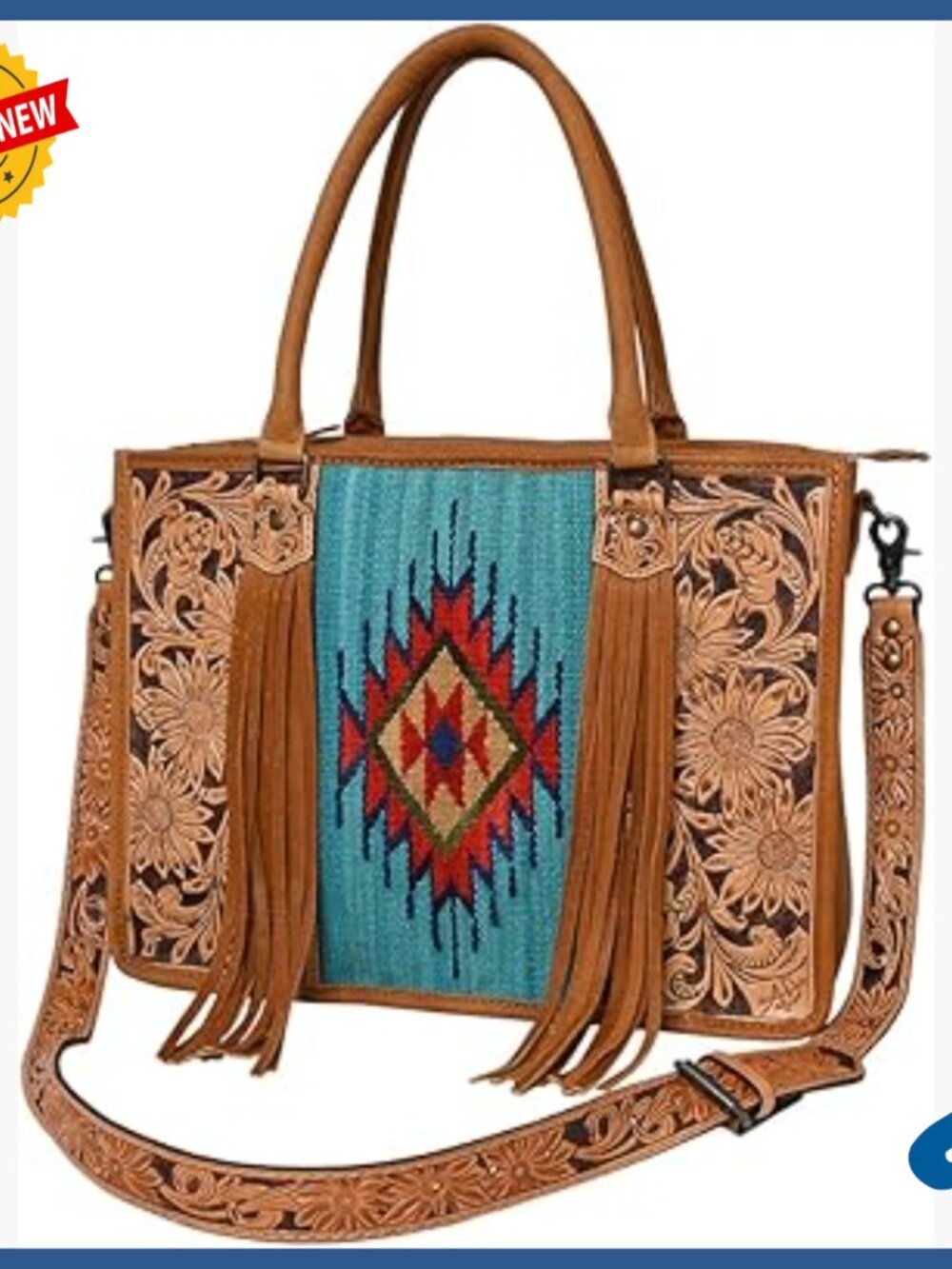 Genuine Leather Tote Bag with Hand Tooled Floral Design and Fringes